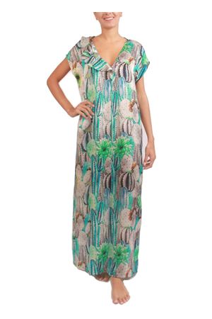 Elegant kaftan in pure silk with cactus print Capri Chic | KAFTANO CACTUSVERDE